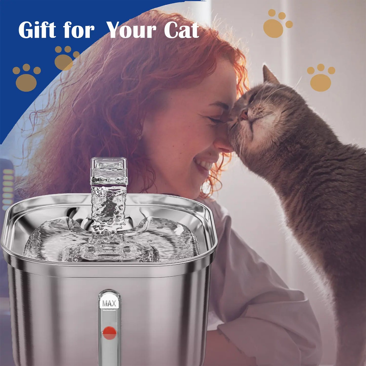 Cat Water Fountain, Stainless Steel Pet Water Fountain for Cats Inside, 3 Filters&Ultra-Quiet Pump, 2.2L/73Oz Automatic Dog Dispenser Water Bowl, Multiple Pets Water Fountain Square