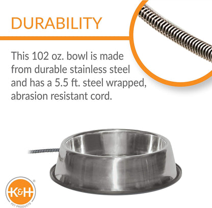 Thermal-Bowl Heated Water Bowl for Cats & Dogs Outside, Safety Listed Outdoor Heated Dog Dish for Pets, Automatic No Freeze, anti Chew Cord - 102 Ounces Stainless 25W