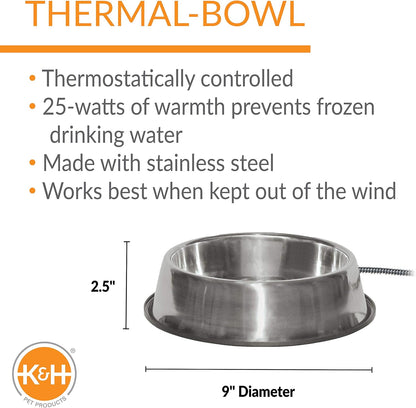 Thermal-Bowl Heated Water Bowl for Cats & Dogs Outside, Safety Listed Outdoor Heated Dog Dish for Pets, Automatic No Freeze, anti Chew Cord - 102 Ounces Stainless 25W